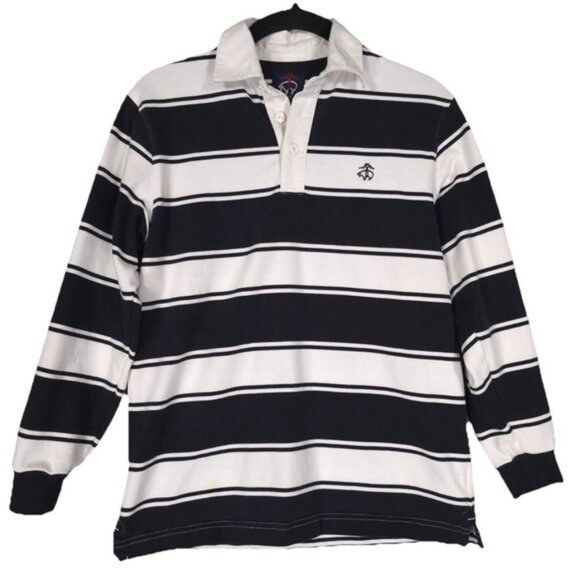 Brooks Brothers Fleece Rugby Soft Polo Shirt LS Striped MEDIUM Black White - Picture 1 of 10